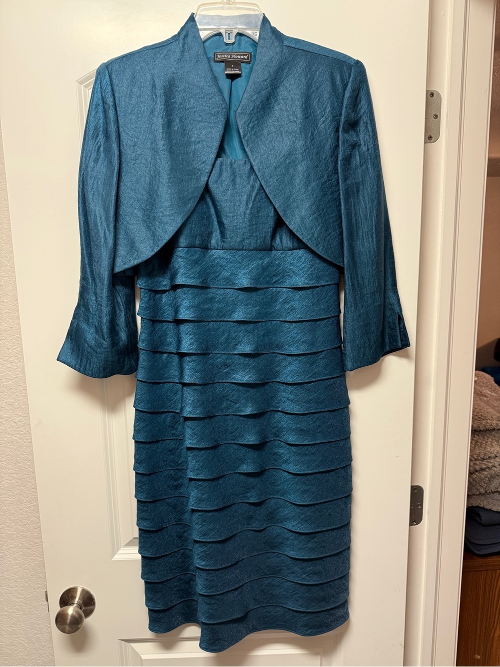 Sandra Darren Teal Tiered Midi Dress with Matching Bolero Jacket